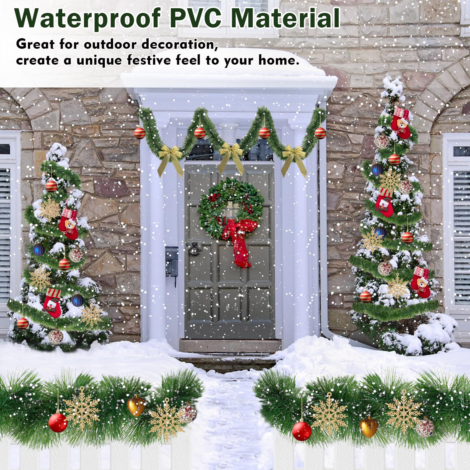 50FT Christmas Garland Christmas Decorations, Green Christmas Tree garland decor 5 Snowflakes, DIY Artificial Garland Holiday Outdoor Decorations for Stairs Railing, Fireplace, Staircase, Window, Door