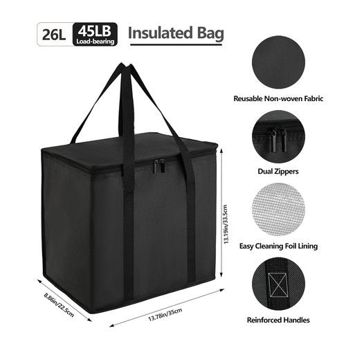 Reusable 6 Cup Drink Carrier with Handle and Insulated Food Delivery Bag, Portable Plastic Cup Caddy, 26L Grocery Cooler Box for Car Delivery, Travel, Picnic(Black)