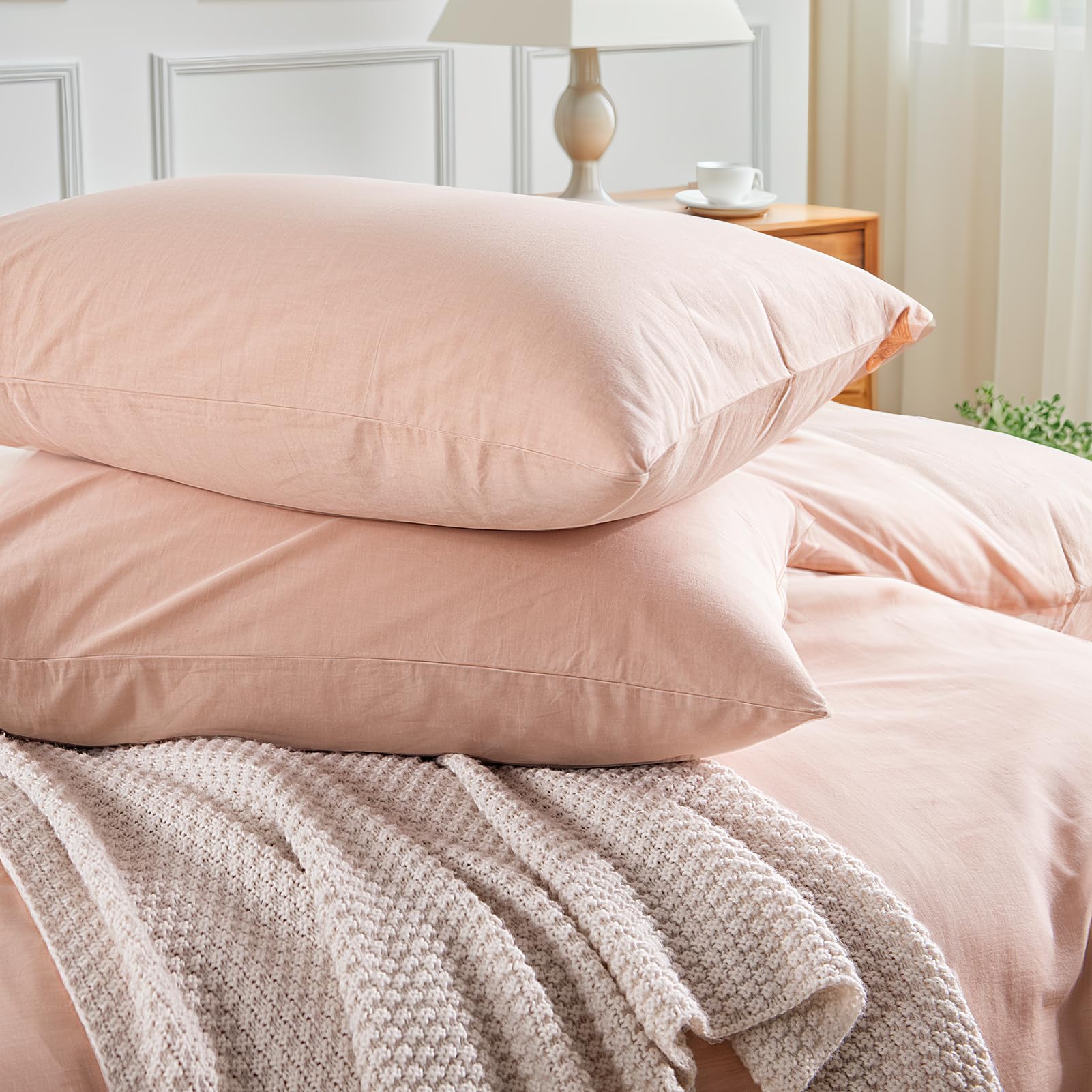 NEXHOME PRO Duvet Cover Set Kids Twin Size Linen Feel Textured Organic Natural 100% Washed Cotton Duvet Cover 2 Pieces Bedding Set with Zipper Closure, Breathable, Dusty Pink(No Comforter)