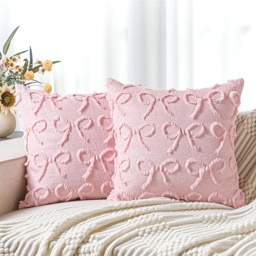 SmoothNovelty Pink Bow Pillow Covers 18x18 Set of 2 Coquette Preppy Room Decor Stuff Decorative Embroidered Pillow Cases Cute Aesthetic Fluffy Plush Bowknot Cushion Covers for Bedroom Couch Sofa