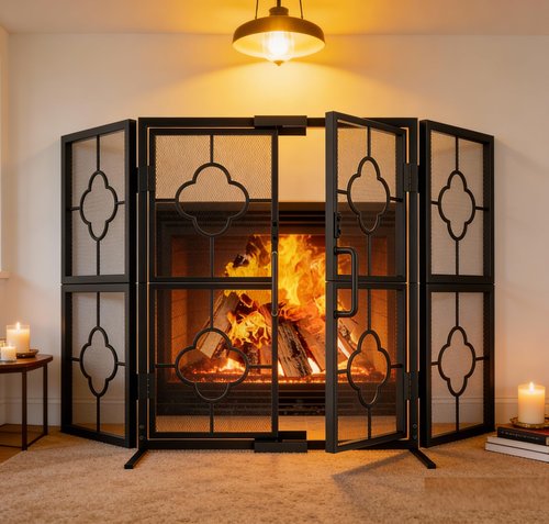 Amagabeli 3 Panel Fireplace Screen with Doors 48" W x 28" H Foldable Wrought Iron Heavy Duty Metal Modern Decorative Fireplace Spark Guard Cover Handcrafted Solid Mesh Stand Alone Screen for Fire