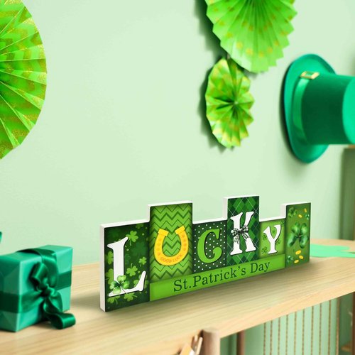 Reversible Wooden Love & Lucky Sign, Valentine’s Day and St. Patrick’s Day Double-Sided Tabletop Décor Centerpiece