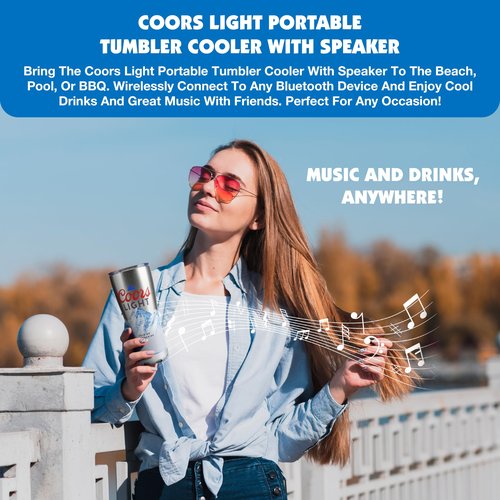 Gabba Goods Coors Light 16oz Stainless Steel Double Wall Insulated LED Bluetooth Speaker Tumbler with Lid and Removeable Speaker Bluetooth Wireless
