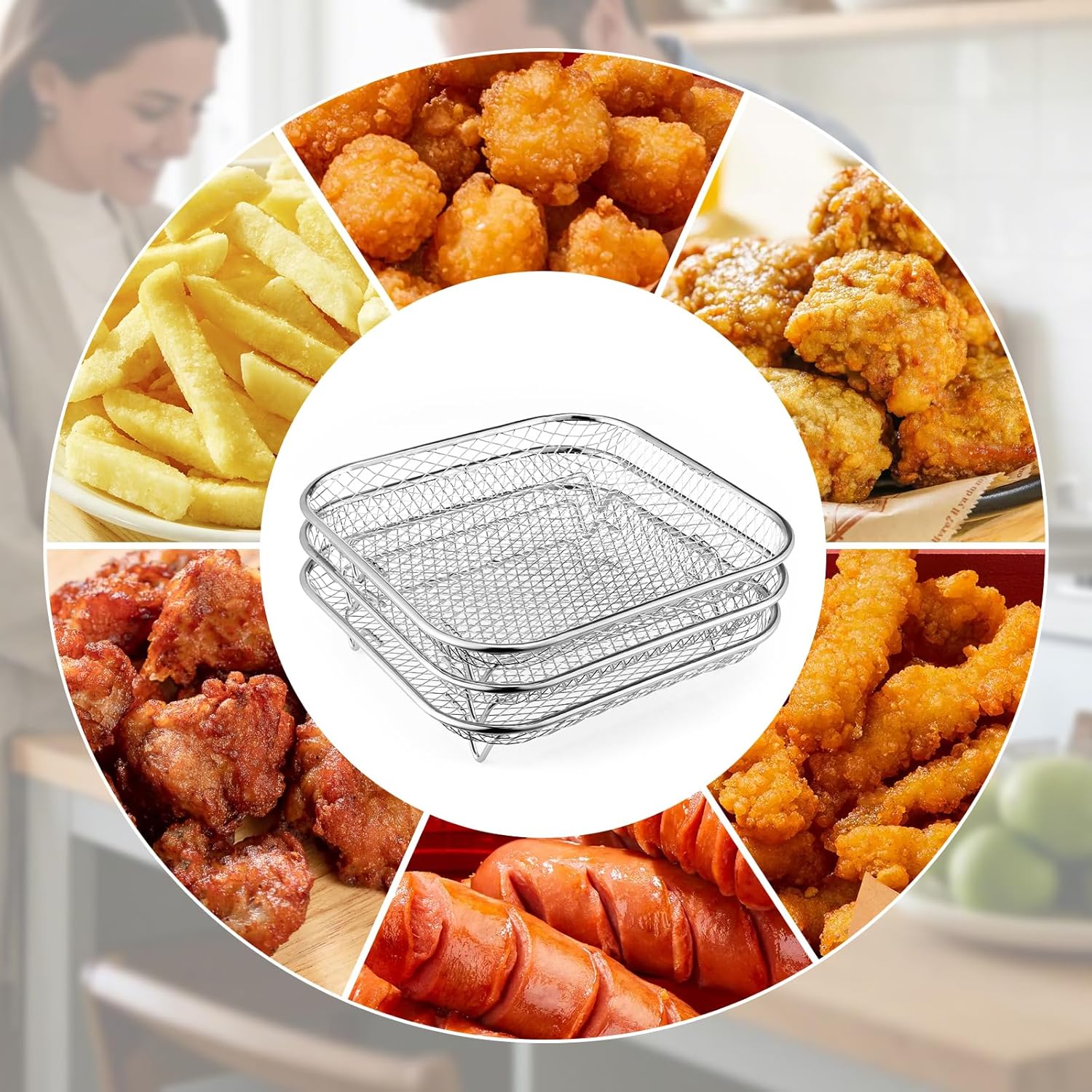 Square Air Fryer Rack - Stackable Stainless Steel Dehydrator Racks for 6-8 QT Air Fryers | Compatible with Cosori, Instant Vortex, Ninja Foodi