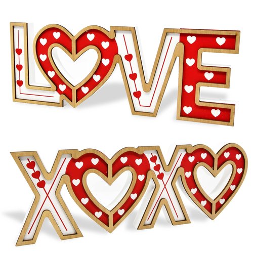 Gift Boutique Valentine's Day Love & Xoxo Signs Set of 2 Red & White Wooden Table Decor Home Mantel Shelf Wedding Anniversary Freestanding Decorations