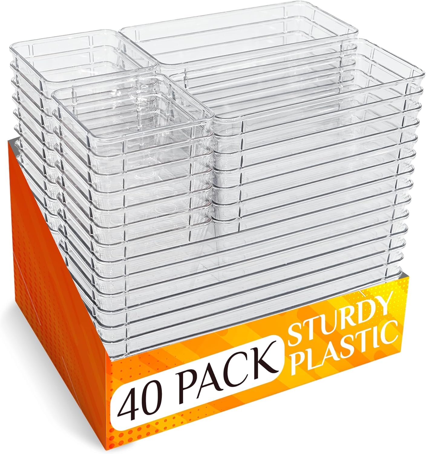 Skiennix 40 PCS Clear Drawer Organizer Set - BPA-Free PET Plastic Trays with Non-Slip Pads | Versatile Storage for Kitchen, Bathroom, and Office