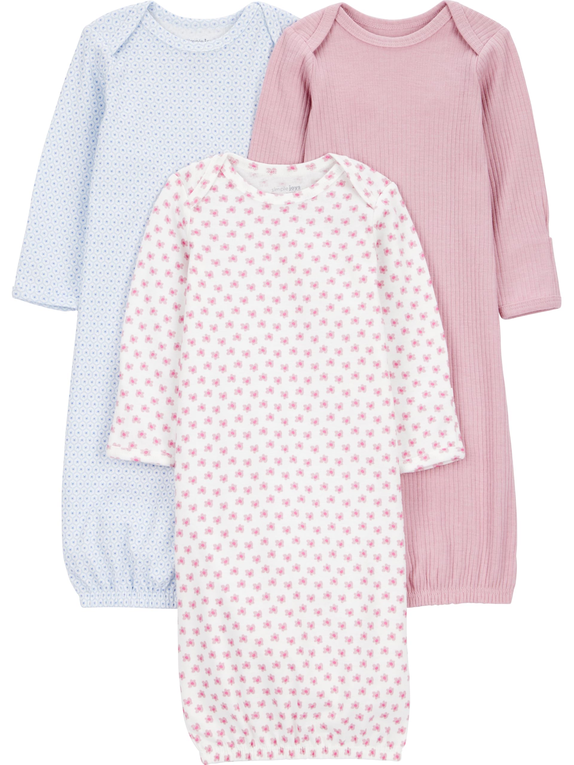 Simple Joys by Carter's Girl 3-pack Cotton Sleeper Gown, Mauve Floral Blue, NB