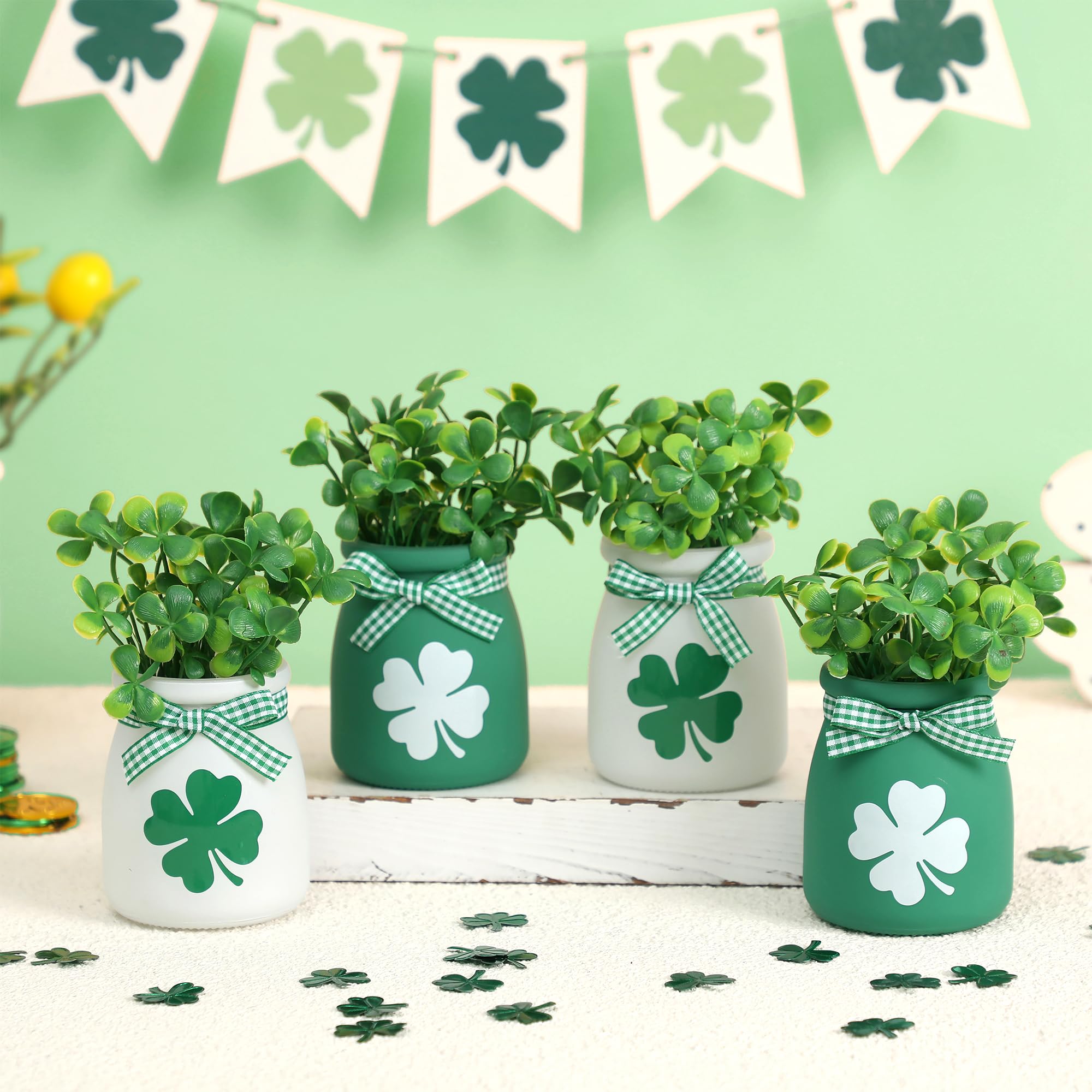 St Patricks Day Tiered Tray Decorations - 4 PCS Mini Mason Jars with Artificial Shamrock, Decorative Jars Centerpieces for Home Table Mantel St Patricks Party Supplies, Green Spring Decor
