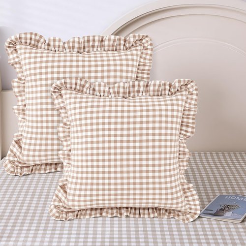 Kathfly 2 Pcs Taupe/White Plaid Ruffle Throw Pillow Covers Farmhouse Checkered 20'' x 20'' Washed Cotton Pillowcases Couch Gingham Pillow Shams for Living Room Bed, No Inserts