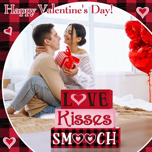 Burbell 3 Pcs Valentine Table Decoration Signs Tiered Tray Valentine Wooden Love Blocks Heart Wood Freestanding Decor for Farmhouse Centerpiece Wedding Gift(Sweet Style)