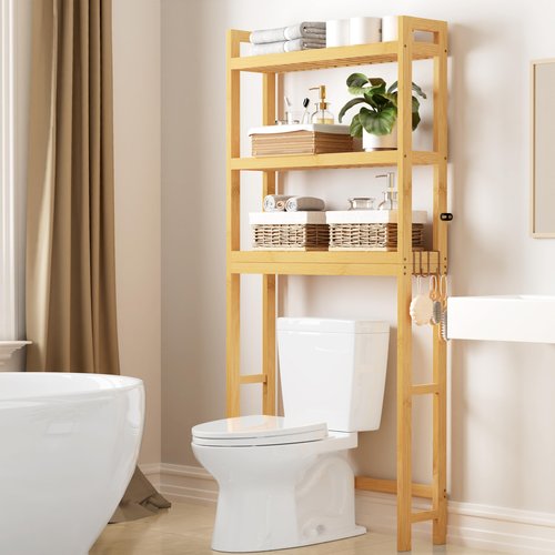 Smiry Over The Toilet Storage Cabinet, 3-Tier Bamboo Bathroom Organizers with Adjustable Shelf & 4 Hooks, Space Saving Shelf Rack for Bathrooms, Laundry Room, Balcony, Natural