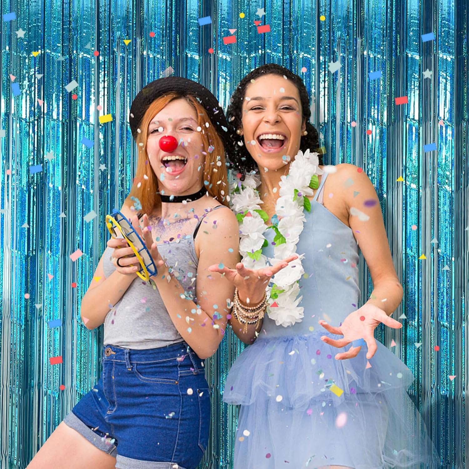 Skiennix Blue Party Backdrop Curtains - Metallic Tinsel Foil Fringe | Ocean-Themed Decor for Events