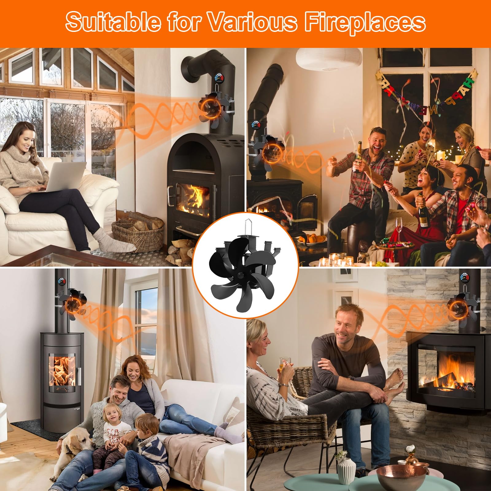 Heat Powered Fireplace Fan Wall Mounted, Wood Stove Fan Thermal Fan for Wood/Log Burning Stove Pellet/Gas Burner, Stove Accessories Thermometer (6 Blade)