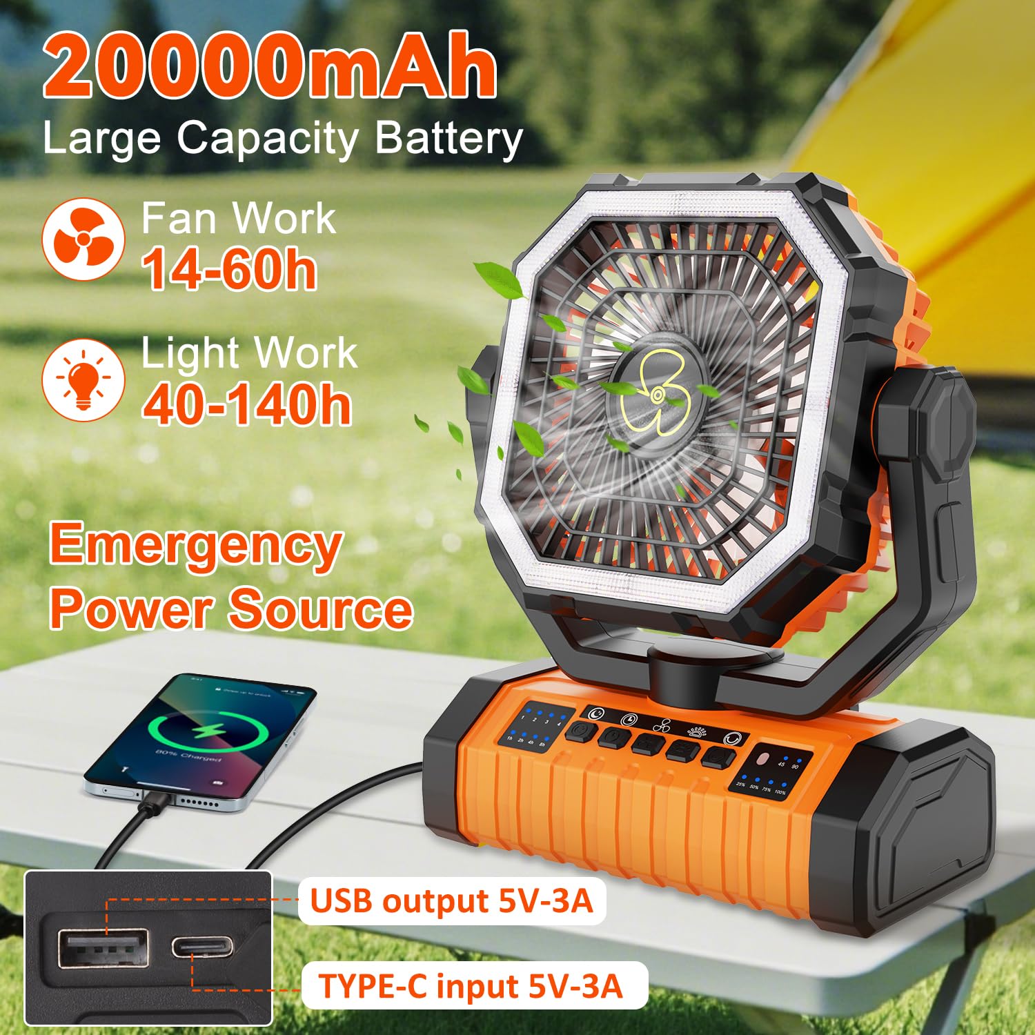 ZioeYiue Camping Fan Rechargeable, 20000mAh Large Battery Powered Fans, 4 Speed Rechargeable Fan with Remote, Cordless Battery Operated Fans with LED Light and Hanging Hook for Camp Tent Beach Outdoor
