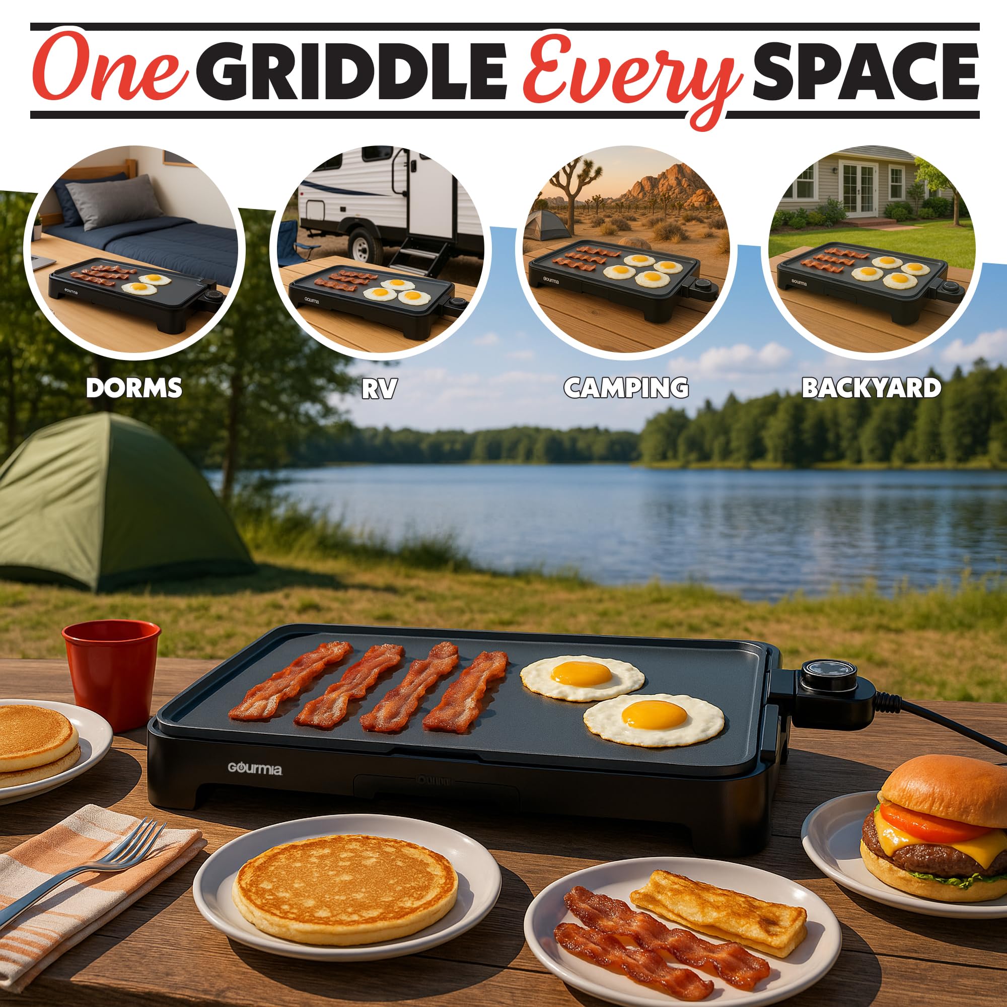 Gourmia 22 Inch XL Electric Griddle Pan - Nonstick Extra Large Flat Top Ceramic Surface, Countertop Cooker, Adjustable 200°F–400°F, Pull-Out Drip Tray, Compact Handle-Free Design