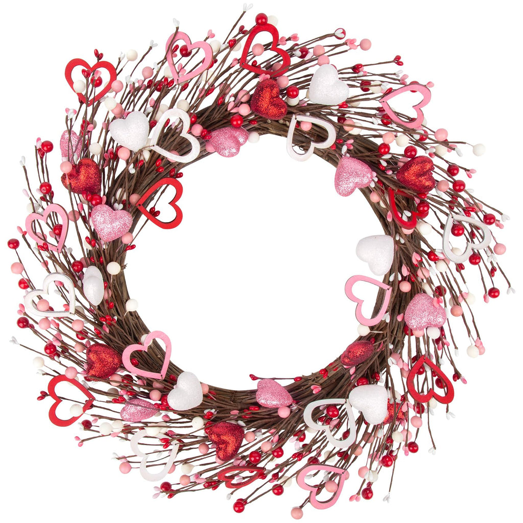Ouddy Decor 20'' Valentine's Wreath for Front Door with Artificial Red Pink White Wooden Heart Shaped Berries for Valentines Gifts Romantic Night Event Anniversary Wedding Engagement Home Decorations