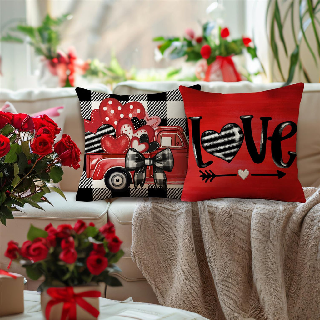 MODOVOS Valentine's Day Buffalo Plaid Bow Truck Throw Pillow Covers 18x18 Set of 4 Polka Dots Valentine Heart Wedding Cushion Case Decoration for Sofa Couch