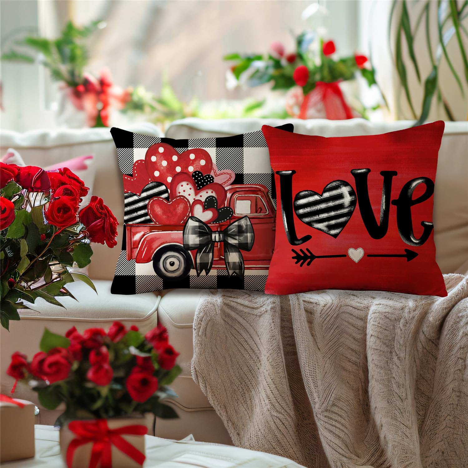 MODOVOS Valentine's Day Buffalo Plaid Bow Truck Throw Pillow Covers 18x18 Set of 4 Polka Dots Valentine Heart Wedding Cushion Case Decoration for Sofa Couch