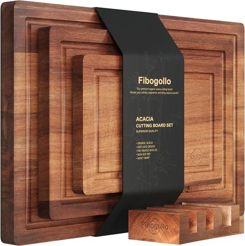 Fibogollo Acacia Wood Cutting Boards Set of 3 - Juice Groove Chopping Boards with Holder for Meat & Veggies