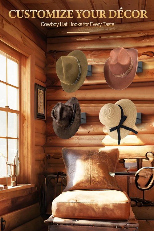 Cinati Cowboy Hat Rack - 4 Pack Wall-Mounted Rustic Metal Hat Holders | Ideal for Cowboy, Fedora & Sun Hats