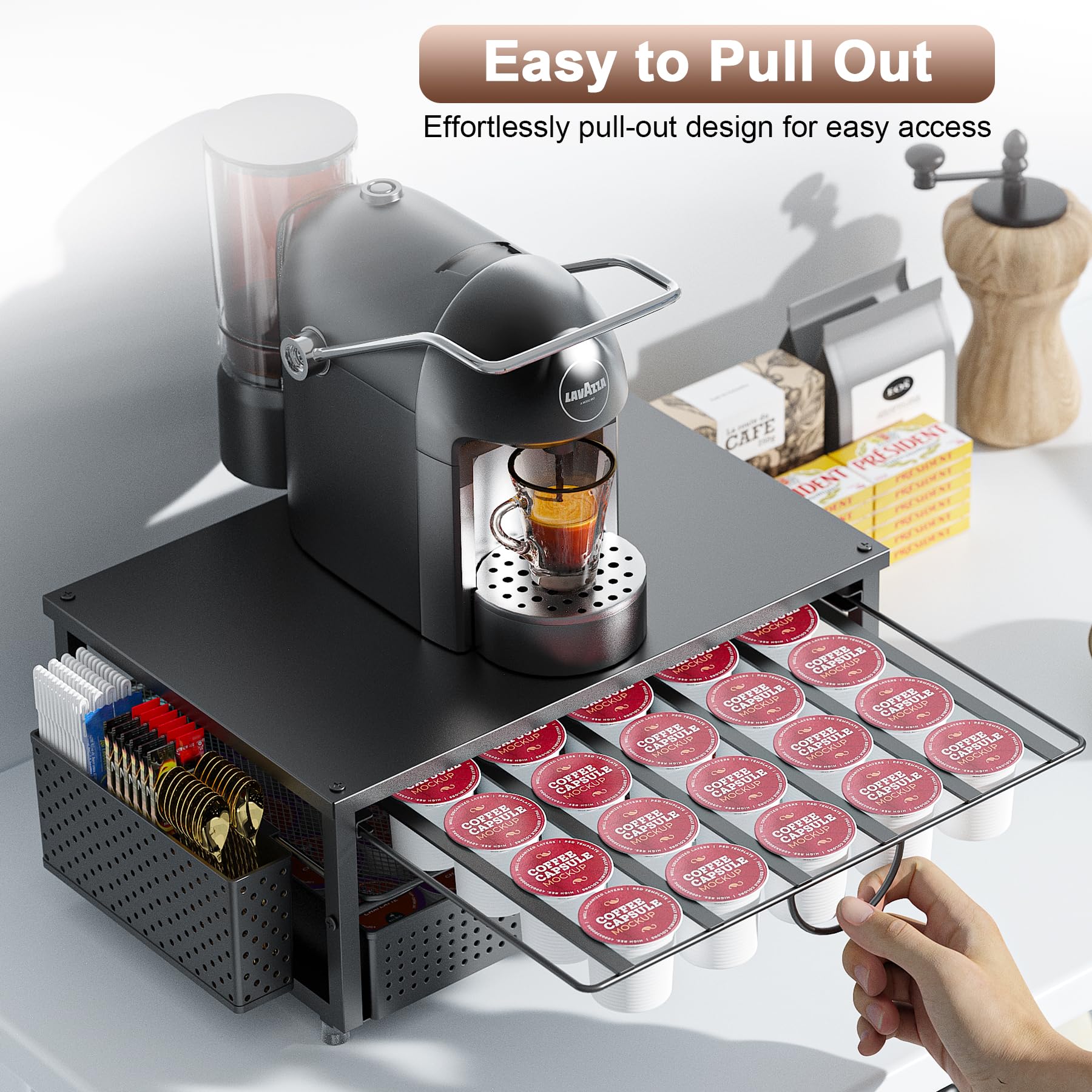 K Cup Holder, Coffee Pod Holder with 2 Tier Sliding Storage Drawer and 1 Hanging Basket for 51 Large or 73 Small Capsule,K Cup Coffee Station Organizer Accessories for Counter,Home,Office,Kitchen