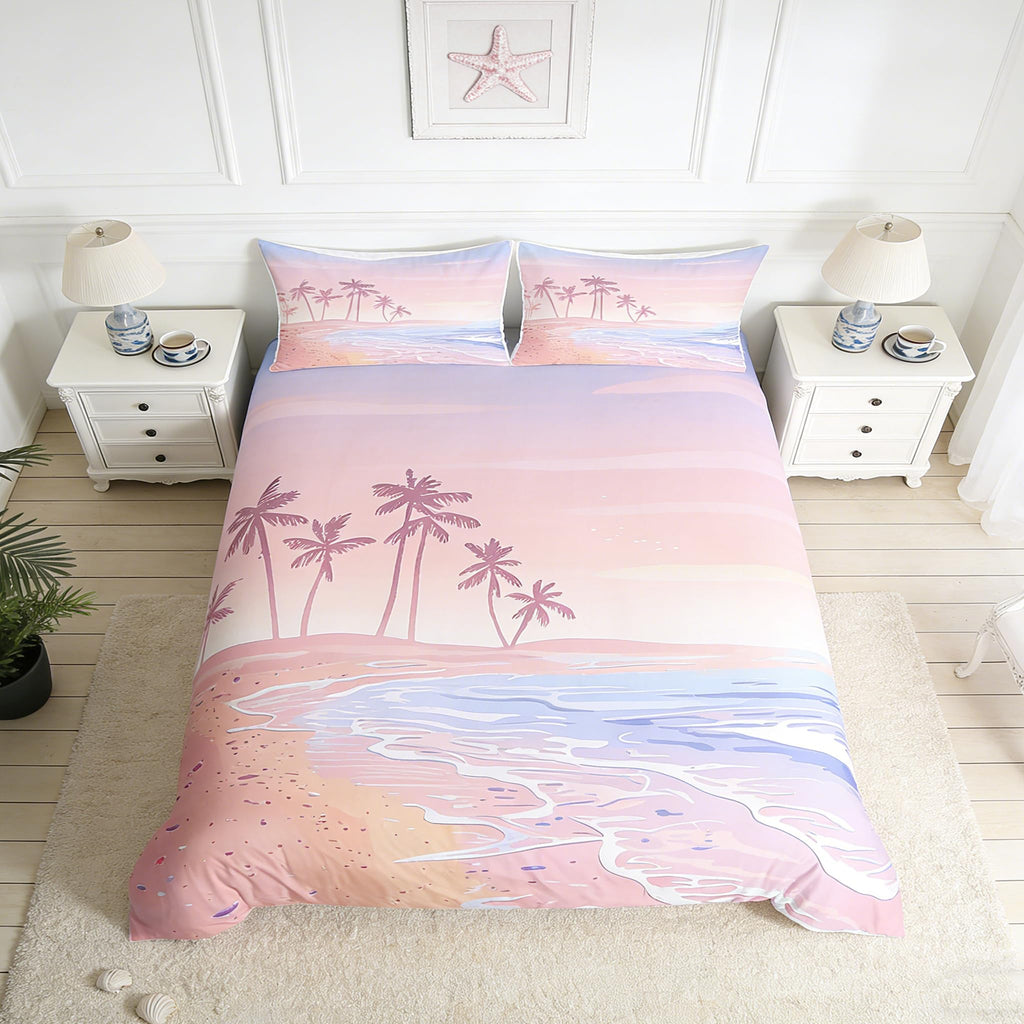 Homewish Girls Pink Beach Duvet Cover Set Full Size Kids Romantic Hawaii Ocean Style Bedding Set 3pcs Teens Lover Room Decor Palm Trees Sky View Comforter Cover Girly Summer Quilt Cover,2 Pillowcases