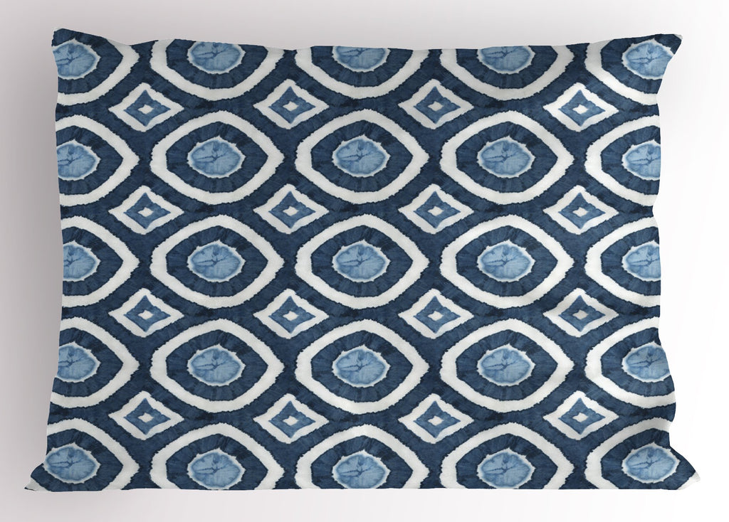 Ambesonne Asian Pillow Sham, Shibori Dyeing Style Ikat with Eastern Design Circles Diamond Shapes, Decorative Standard Queen Size Printed Pillowcase, 30" X 20", Night Blue