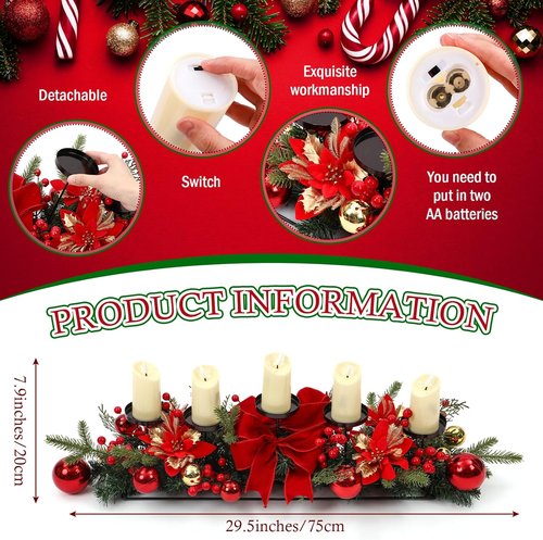 Funnymoom Christmas Tabletop Centerpiece - 30-Inch Poinsettia Candle Holder with Red Berries & Gold Accents