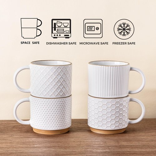 GBhome 6OZ Stackable Coffee Mugs, Ceramic Coffee Mugs with Texture Patterns for Man,Woman,Dad,Mom, Modern Coffee Cups Set of 4 for Espresso/Cappuccino. Dishwasher&Microwave Safe