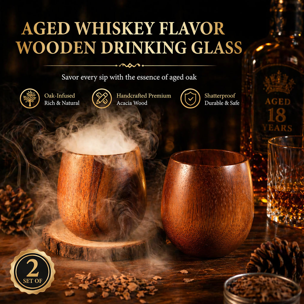 Electric Whiskey Smoker Kit, Torch-Free Rechargeable Cocktail Smoker with 7 Color Lights, All-in-1 Gift Set with 2 Wooden Whiskey Glasses, 10 Wood Chips, Ice Molds & Steel Cubes for Men, Dad