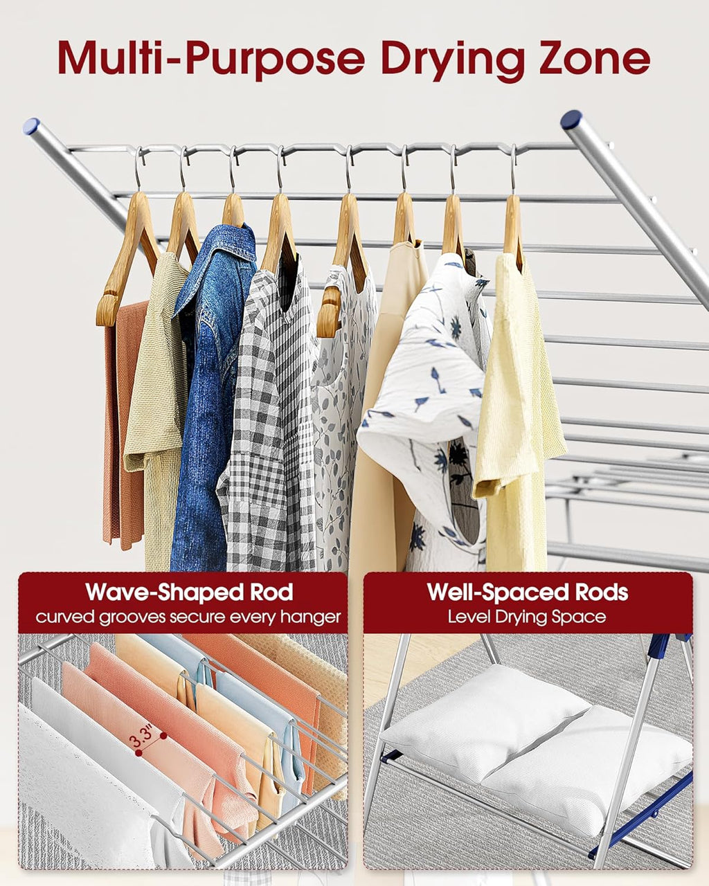 Sakugi Clothes Drying Rack - Height-Adjustable Metal Laundry Stand for Indoor & Outdoor Use | 55.5" L × 22.8" W, Silver Blue