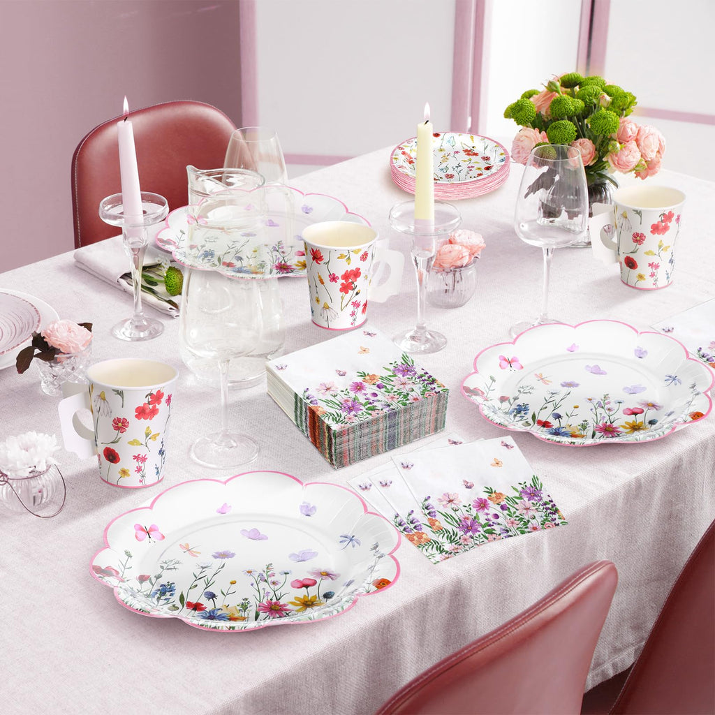 Pickmesh 252 Pcs Floral Tea Party Supplies for 36 Guests Wildflower Paper Disposable Dinnerware Floral Teacups with Handle and Saucers Sets for Tea Party Decorations Birthday Baby Shower Wedding