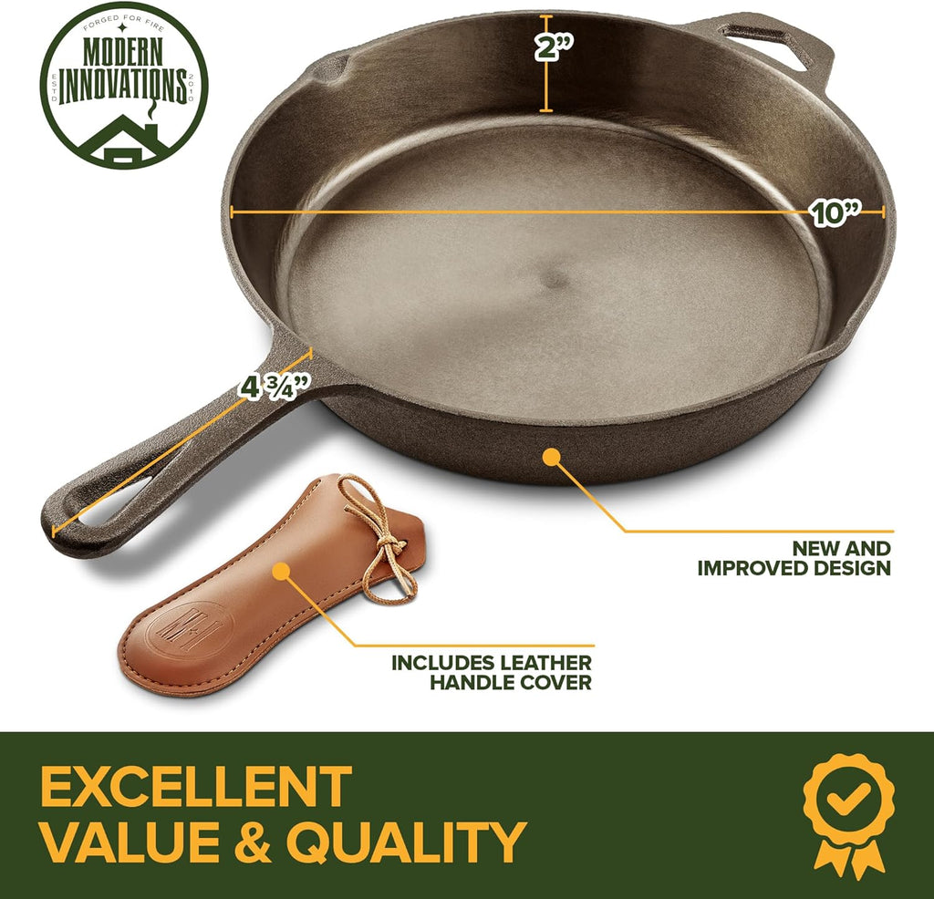 Modern Innovations 10-Inch Cast Iron Skillet - Pre-Seasoned, Heavy-Duty Non-Stick Frying Pan for Versatile Cooking