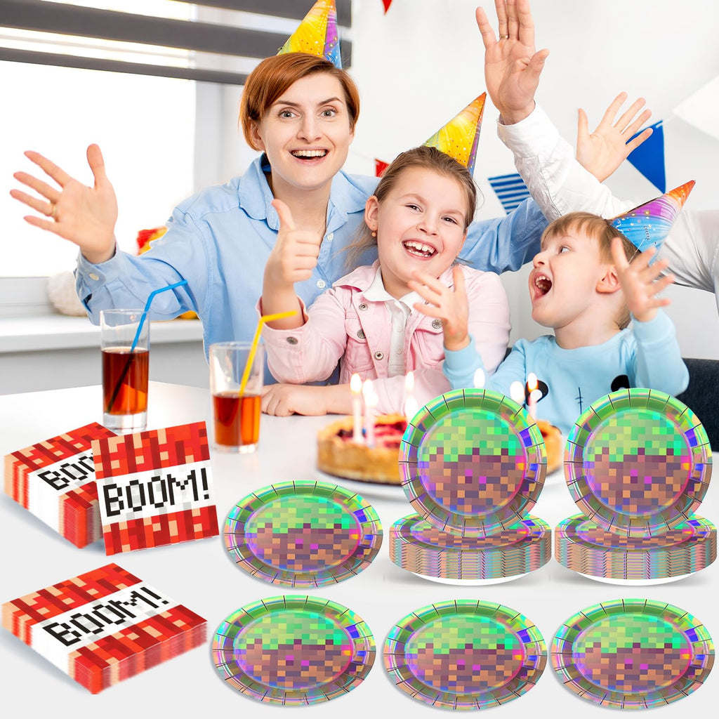 50Pcs Iridescent Pixel Party Plates and Napkins Set Video Game Disposable Tableware Set Pixel Dessert Plates Gaming Party Supplies Birthday Decorations for Kids Baby Shower Teen Gamer Serve 25