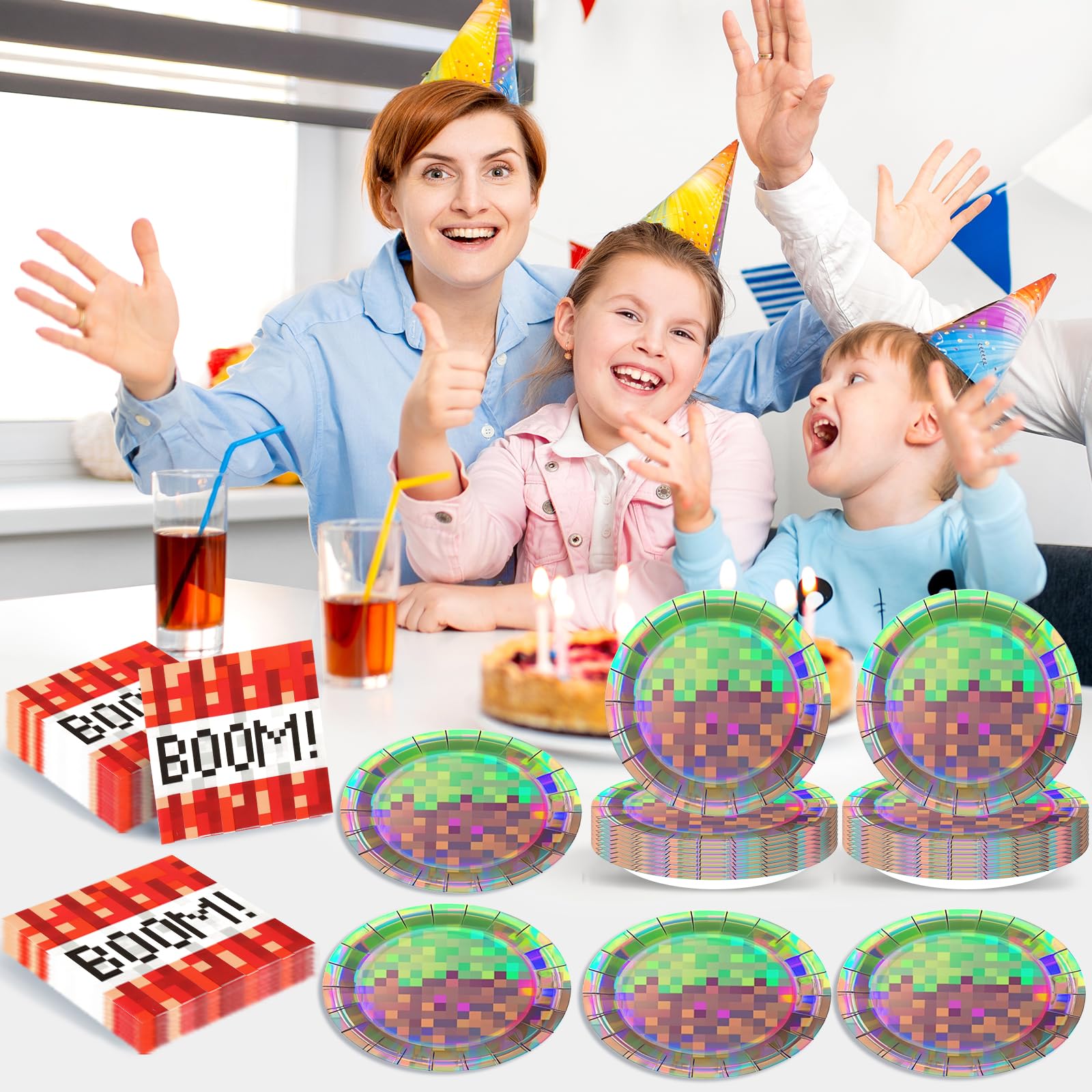 50Pcs Iridescent Pixel Party Plates and Napkins Set Video Game Disposable Tableware Set Pixel Dessert Plates Gaming Party Supplies Birthday Decorations for Kids Baby Shower Teen Gamer Serve 25