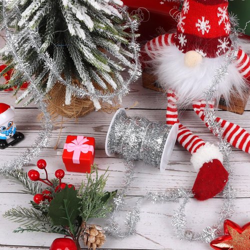 CCINEE Christmas Tinsel Garland, 65.6 FT Silver Glitter Ribbon Metallic Foil Thin Christmas Mini Garland for Xmas Tree Party Wedding Decorations Craft Supplies