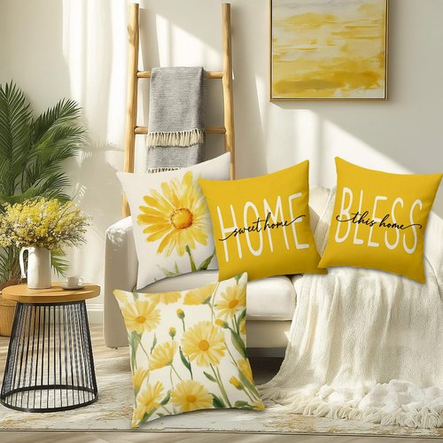 BBOLDIN Spring Summer Throw Pillow Covers 18x18, Yellow Floral Flower Pillow Cases Set of 4, Home Sweet Home Cushion Covers Decorations for Sofa Farmhouse Living Room