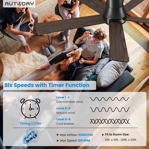 Autoday 52 Inch Low Profile Ceiling Fan with Light, Black Flush Mount Ceiling Fans with Lights and Remote, 6 Speeds Reversible Quiet DC, 3CCT Dimmable, Indoor Outdoor Ceiling Fans for Patios Bedroom