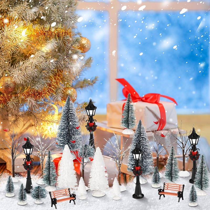 Classic 28 Pcs Mini Christmas Village Tree Set with Snow, Lamps & Benches
