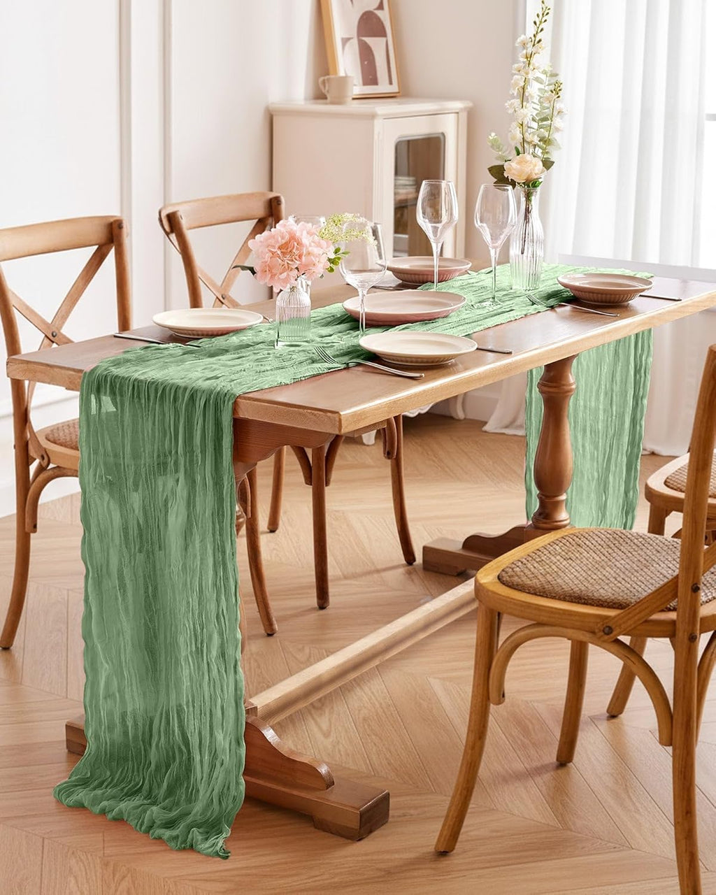 Pureegg Cheesecloth Table Runner - 120'' Sage Green Boho Decor for Easter, Weddings & Parties