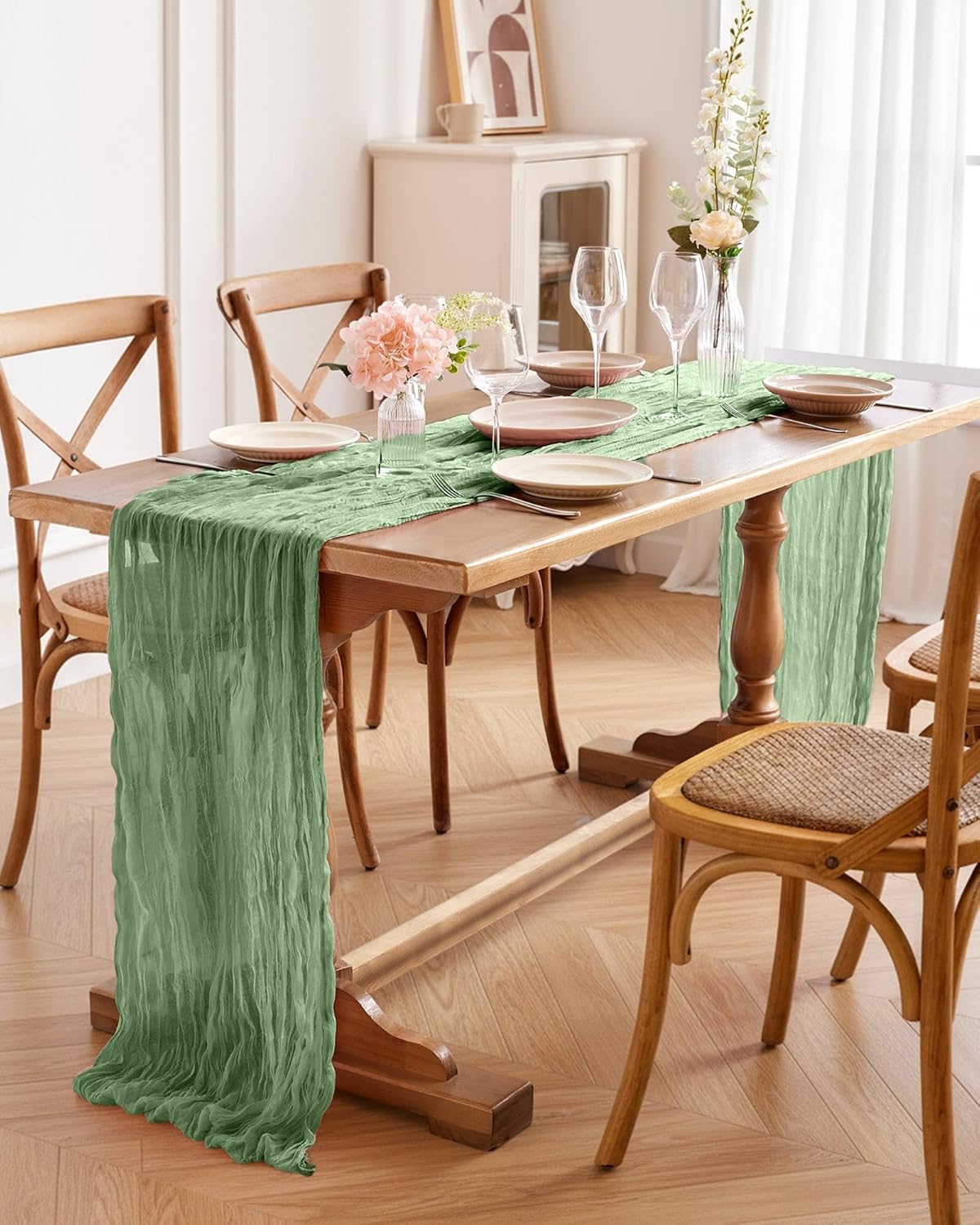 Pureegg Cheesecloth Table Runner - 120'' Sage Green Boho Decor for Easter, Weddings & Parties