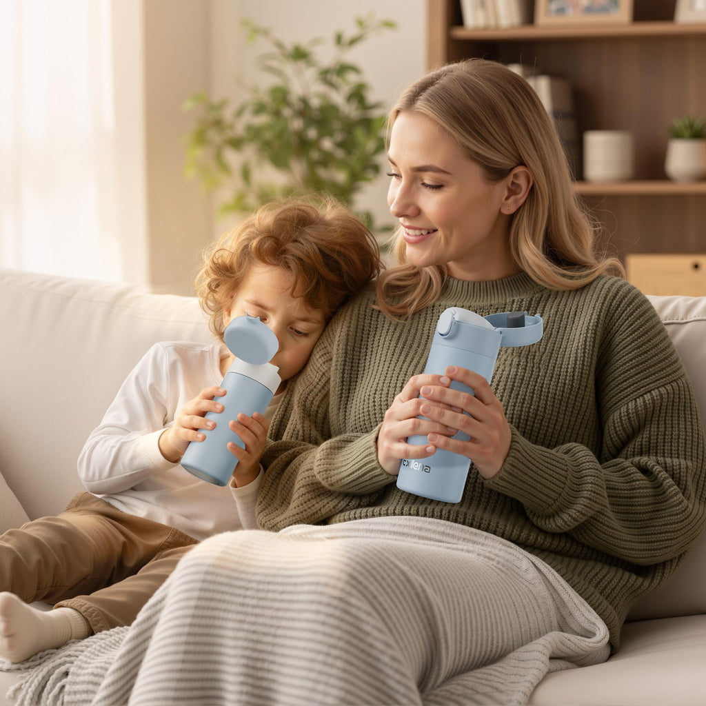 Exllena Small Insulated Water Bottle with Push-Button Lid – 7.5oz/220ml Mini Flask, Leakproof Mini Water Bottle for Coffee, Milk, Travel, School & Office Use(Blue & White)