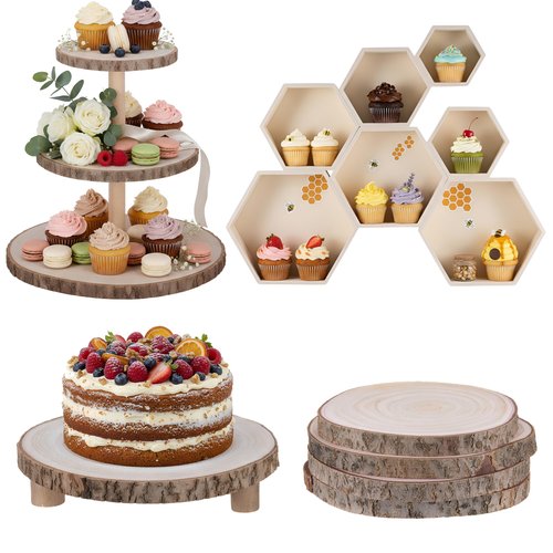 CroBlissful 12 Pcs Wooden Rustic Cake Stand Set, 7 Pcs Honeycomb Cupcake Stand, 3-Tier and Single-Tier Wooden Cupcake Tower, 4 Wood Slices Tray, Suitable for Wedding Tea Party Forest Theme Tables