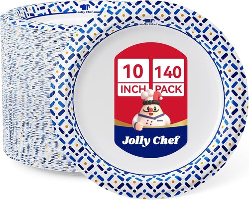 JOLLY CHEF 10-Inch Heavy Duty Paper Plates - 140 Count, Soak-Proof & Cut-Proof for Parties & Picnics