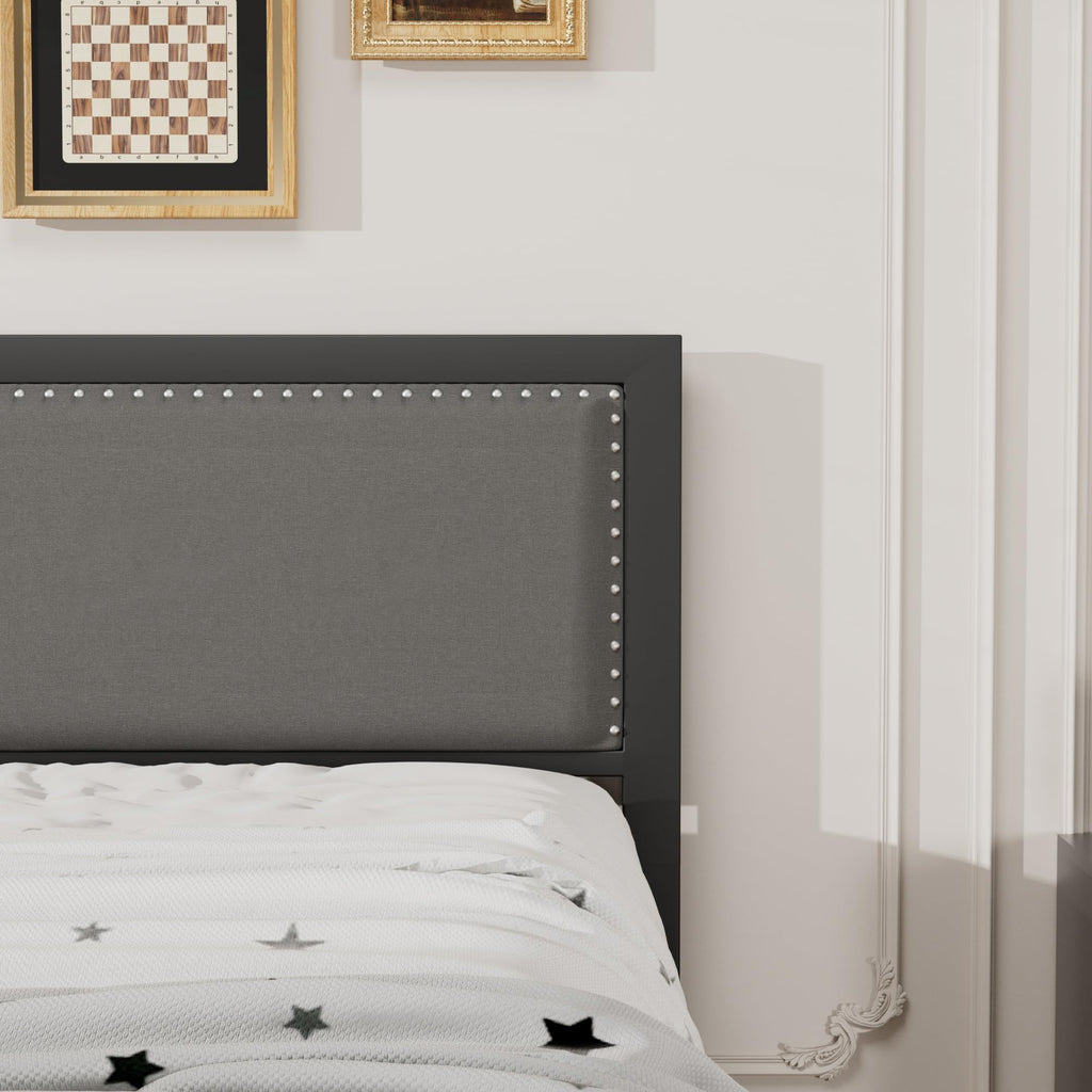 VECELO Twin Size Bed Frame with Upholstered Headboard, Heavy-Duty Platform with Strong Steel Slats, No Box Spring Needed, Easy Assembly, Black&Grey