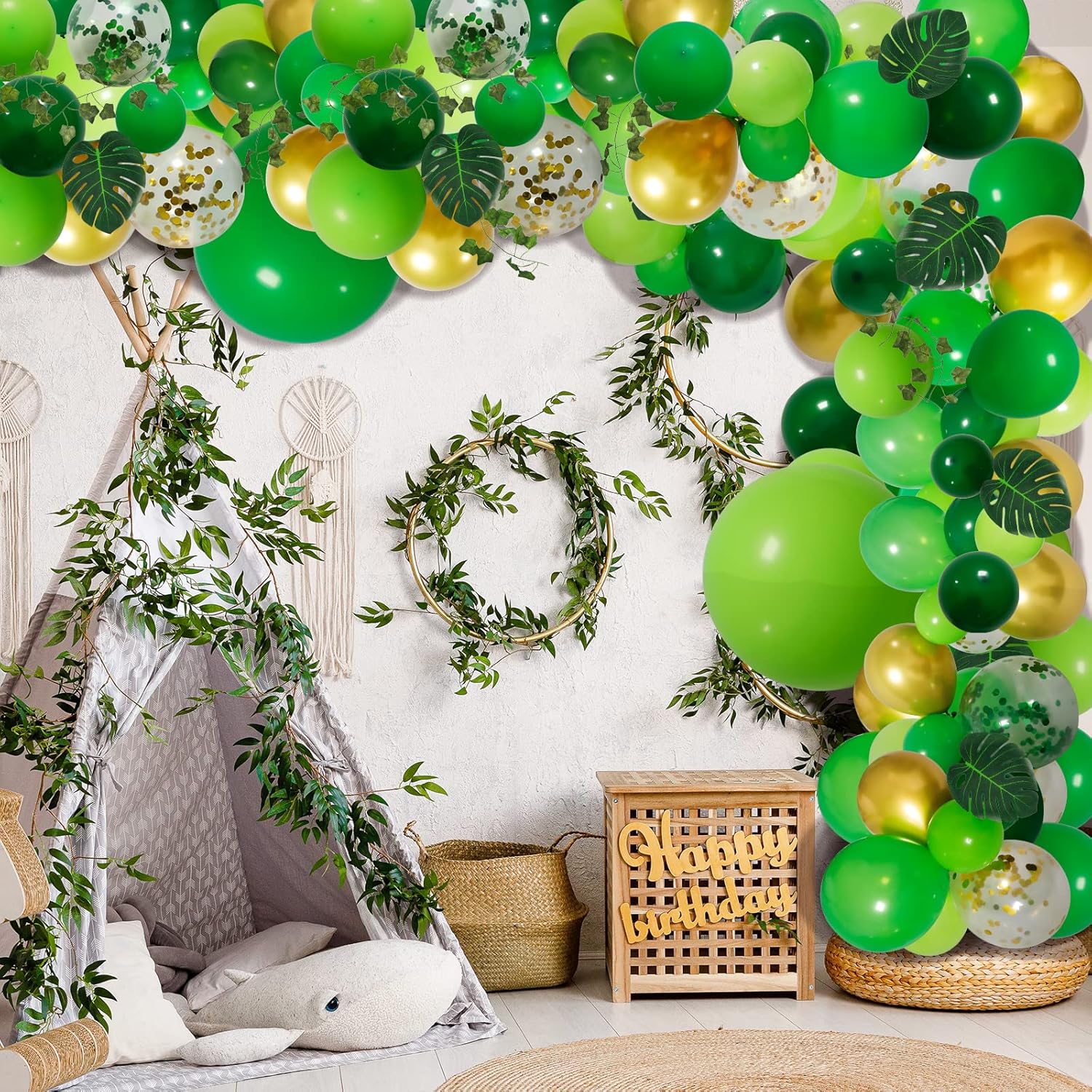 RUBFAC Jungle Balloon Garland Arch Kit - 159pcs Gold & Lime Green Balloons for Wild One Birthday Party | Safari Baby Shower Decor