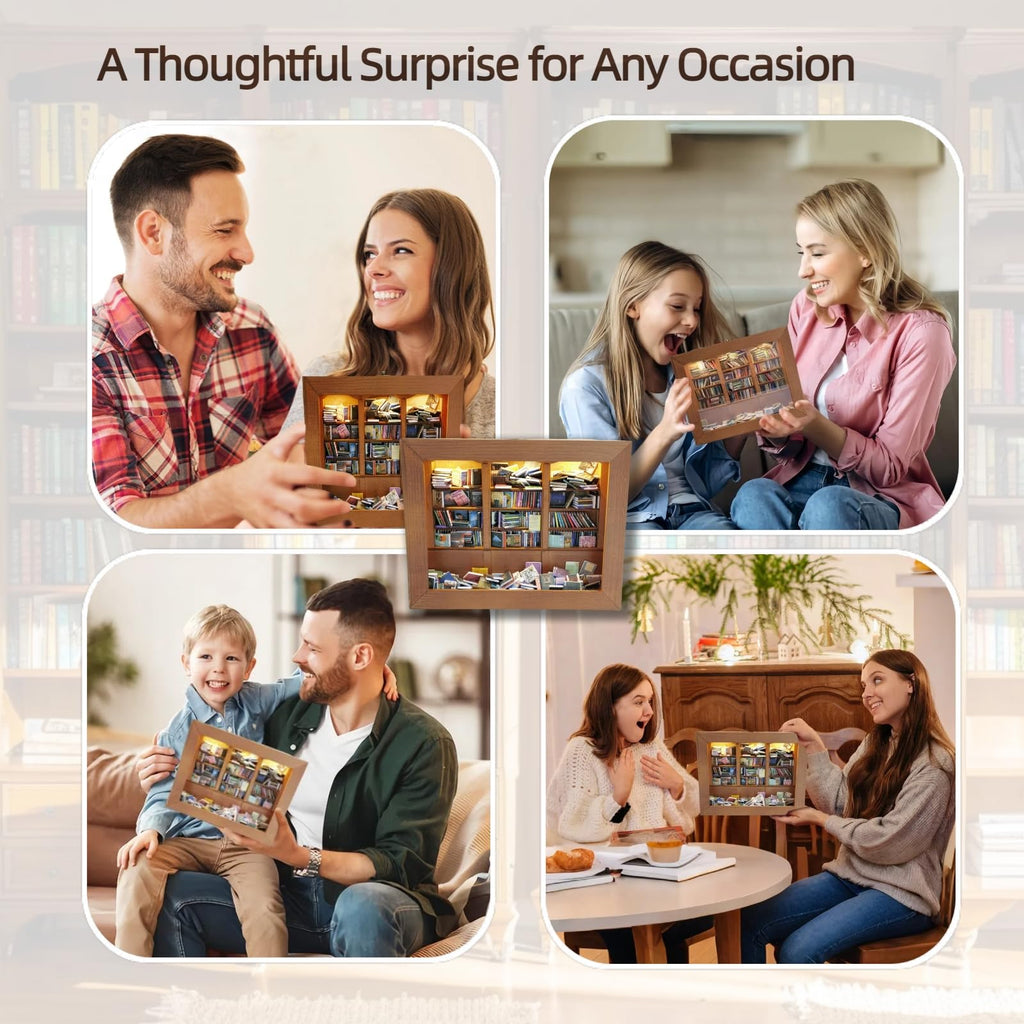 Anxiety Bookshelf with 6 Decorative Mini Lights and 400 Mini Book Pieces, Miniature Bookshelf, Book Organizer for Office Desk, Library Decor for Tiny Home and Bookish Spaces, 10.2 x 9.1 x 3.1 in