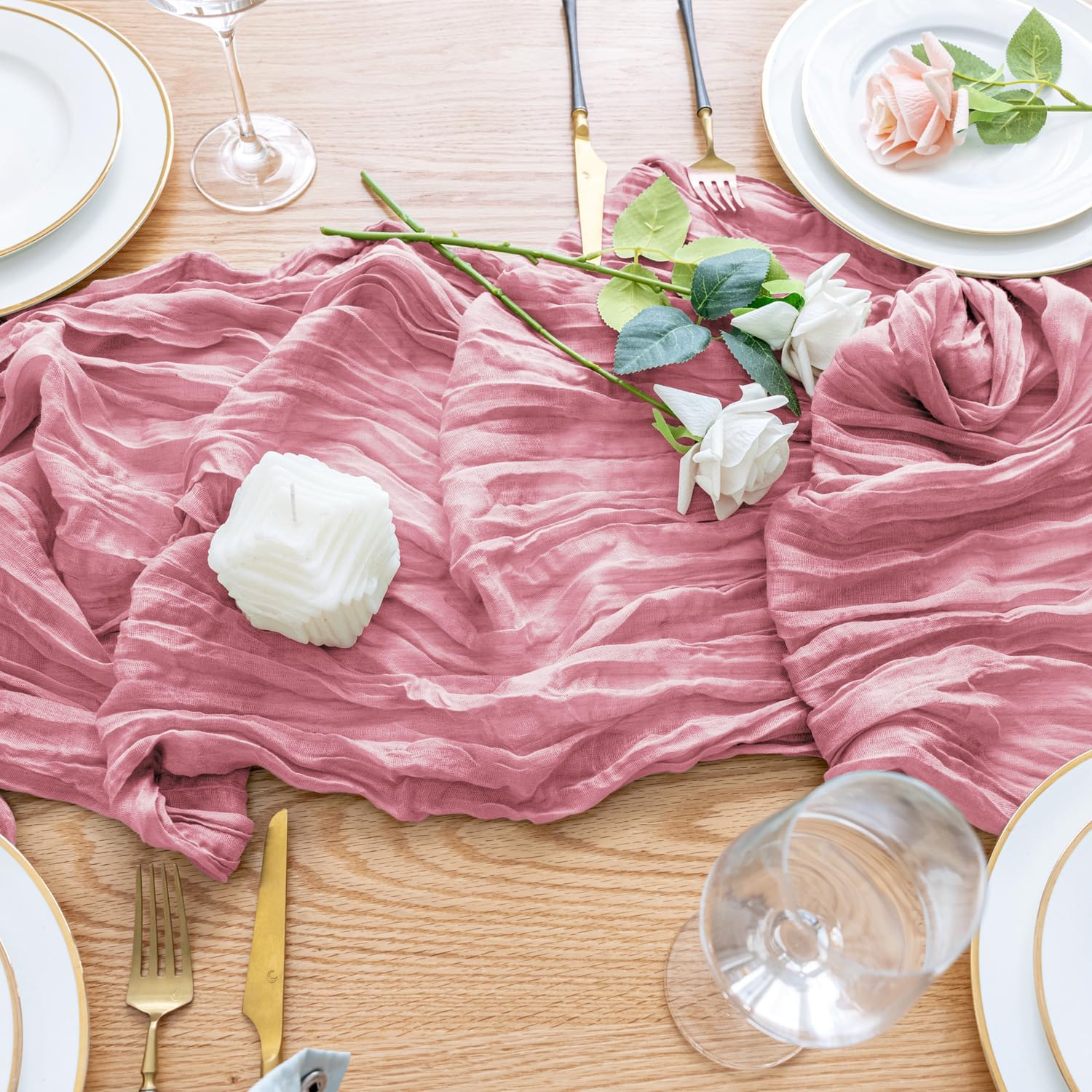 Wokceer Cheesecloth Table Runner - 10FT Pink Boho Gauze | 6-Pack Rustic Sheer Decor for Parties & Events