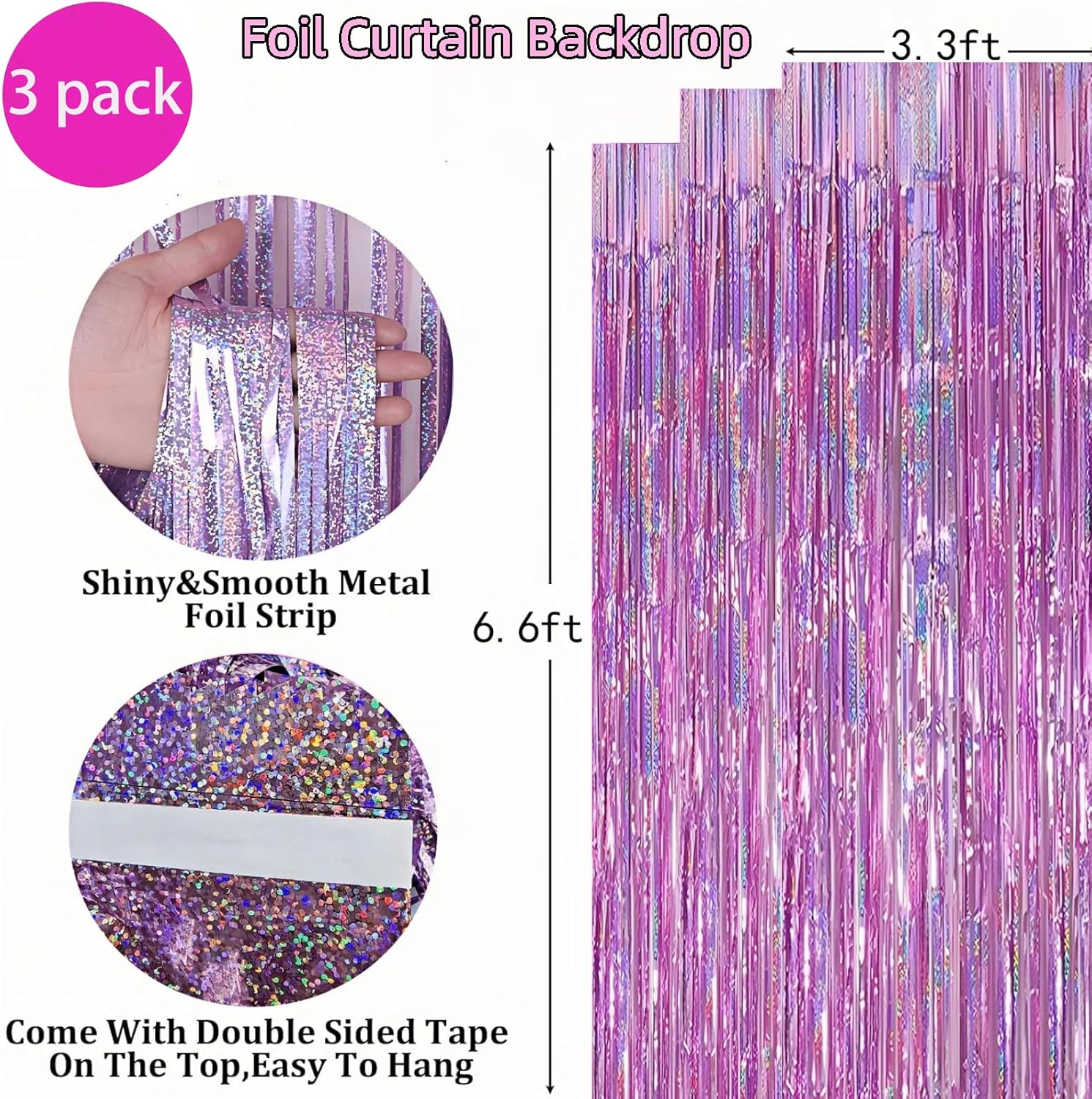 Skiennix Foil Curtain Backdrop - 3 Pack Tinsel Fringe Curtains for Parties | 3.3x6.6 ft Pink Decor
