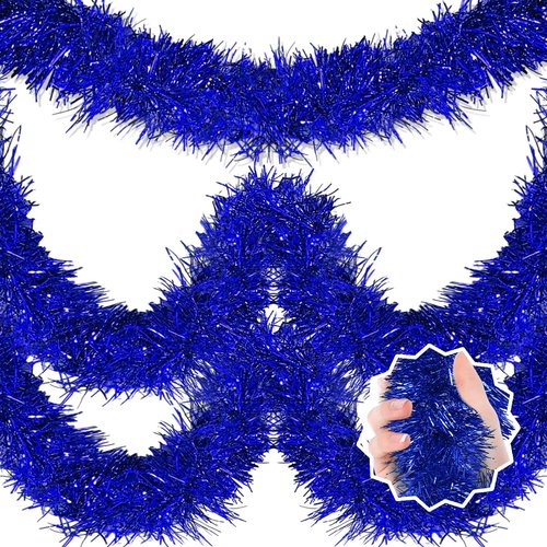 25 Feet Blue Christmas Tinsel Garland, Metallic Foil Twist Banner Wall Hanging Tinsel Streamers Backdrop for Parade Floats, Christmas, Mother's Day, Birthday Party Decorations(4in x 25ft)
